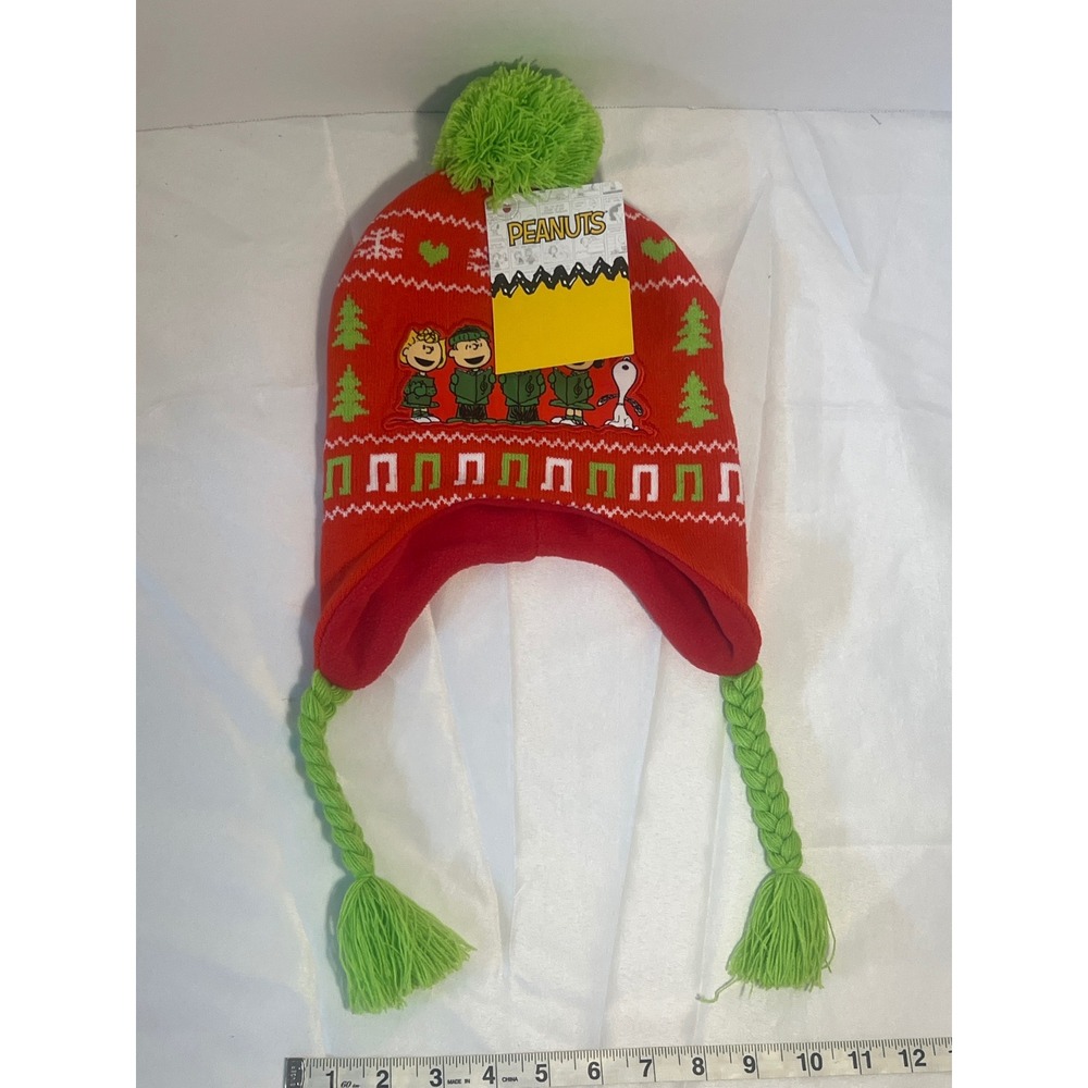 Peanuts Holiday Christmas Charlie Brown Snoopy Beanie Hat with Pompom and Braids - Picture 5 of 5